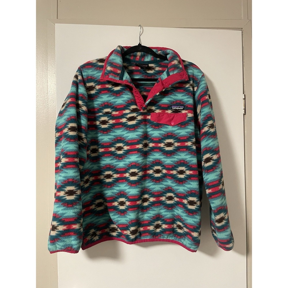 Patagonia Synchilla Pullover Womens Latge Fleece Snap Retro Aztec Pink Teal